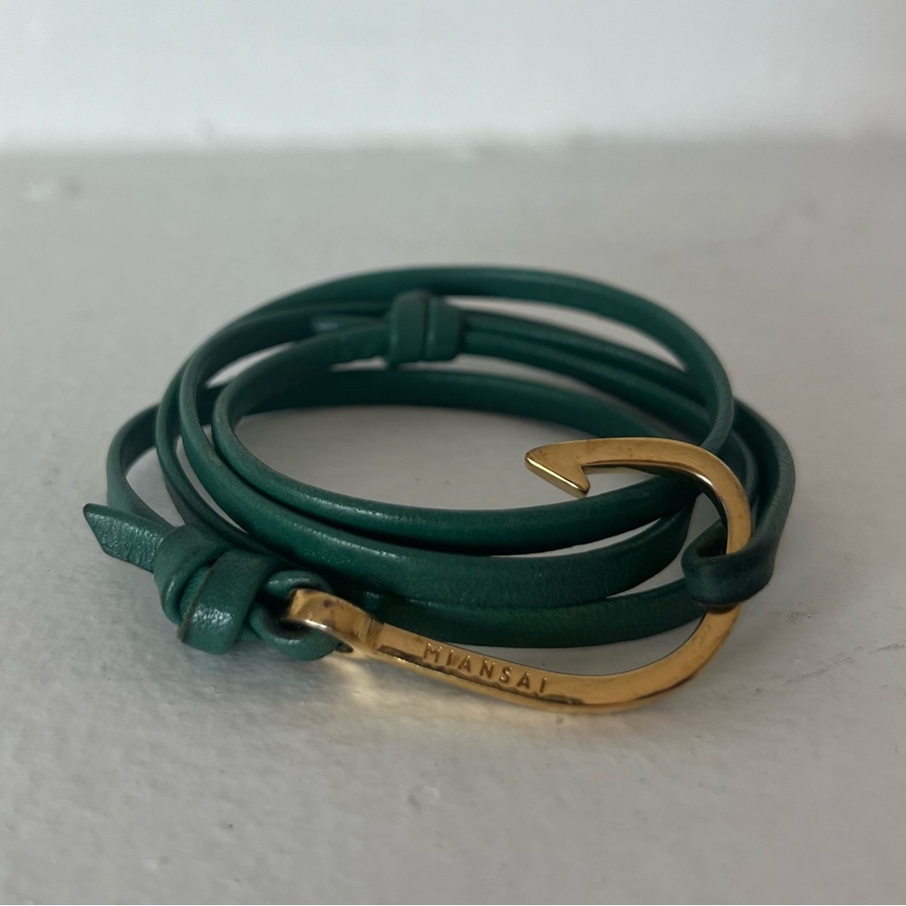 Miansai Gold Hook leather wrap bracelet, Green; Small 6” circumference